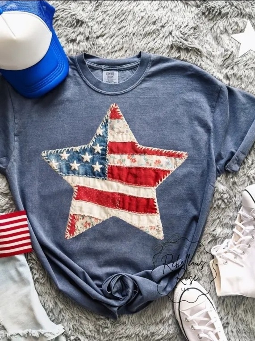 Patriotic Star Applique Tee in Denim Blue